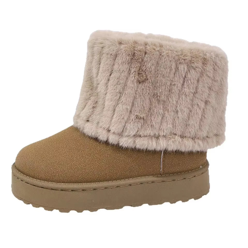 Women'S Comfortable Thick Bottom Mid-Calf Plush Snow Boots Stripe Decorated Cotton Shoes Autumn Winter Casual Warm Shoes