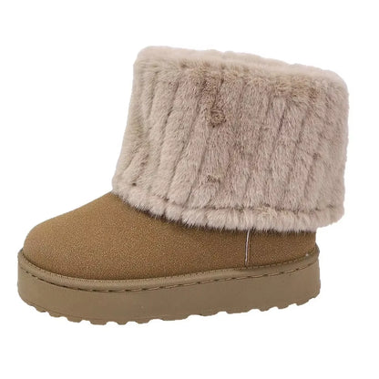 Women'S Comfortable Thick Bottom Mid-Calf Plush Snow Boots Stripe Decorated Cotton Shoes Autumn Winter Casual Warm Shoes