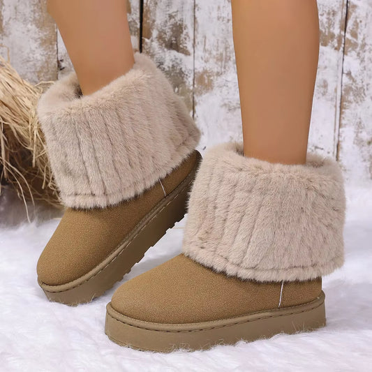 Women'S Comfortable Thick Bottom Mid-Calf Plush Snow Boots Stripe Decorated Cotton Shoes Autumn Winter Casual Warm Shoes