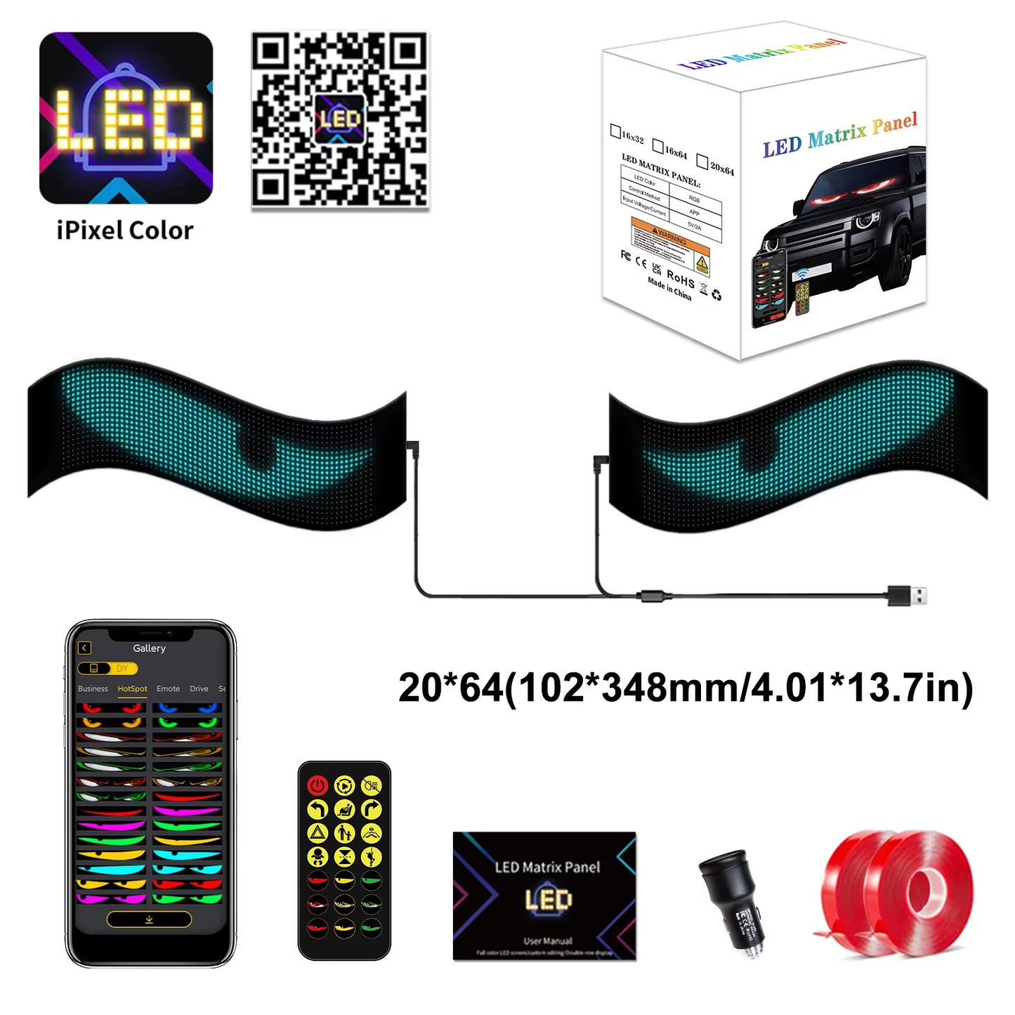 Dynamic Devil Eyes Light for Cars Truck Windshield Programmable LED Display Flexible Soft Screen Bluetooth APP Remote Control