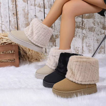 Women'S Comfortable Thick Bottom Mid-Calf Plush Snow Boots Stripe Decorated Cotton Shoes Autumn Winter Casual Warm Shoes