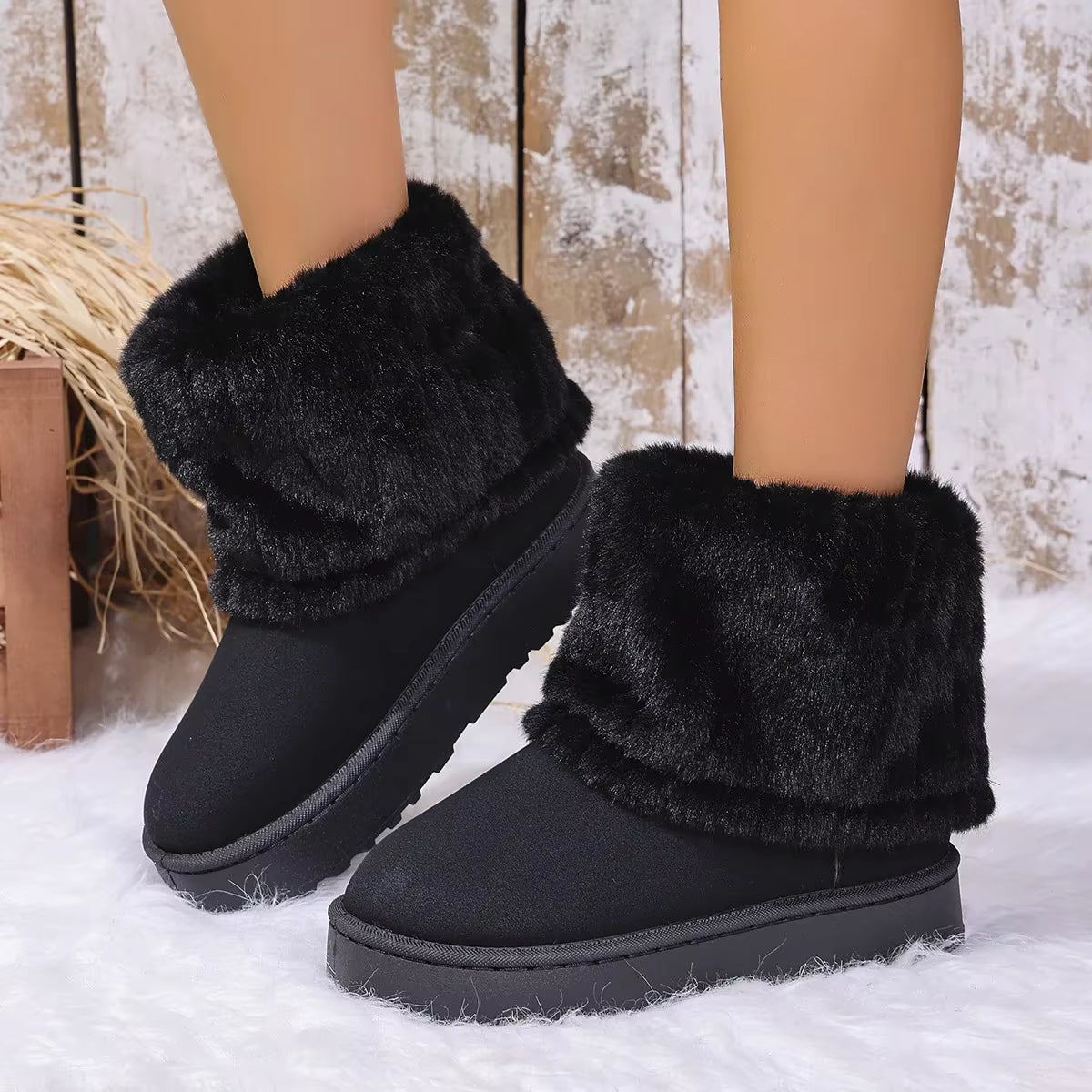 Women'S Comfortable Thick Bottom Mid-Calf Plush Snow Boots Stripe Decorated Cotton Shoes Autumn Winter Casual Warm Shoes