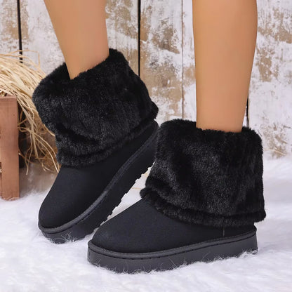 Women'S Comfortable Thick Bottom Mid-Calf Plush Snow Boots Stripe Decorated Cotton Shoes Autumn Winter Casual Warm Shoes