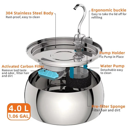 4L Ultra-Quiet Stainless Steel Cat Water Fountain Automatic Drink Filter Pet Drinking Dispenser Drinker for Cats Water Filter